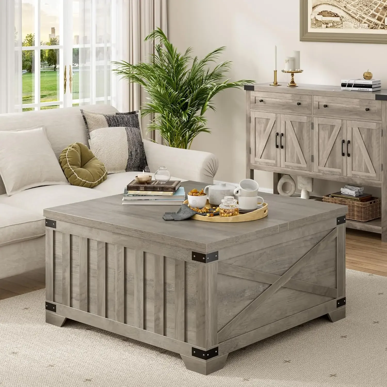 

Farmhouse Coffee Table with Storage, 35.4" Square Center Table with Hinged Lift Top, Vintage Wood Cocktail Table with Thickened