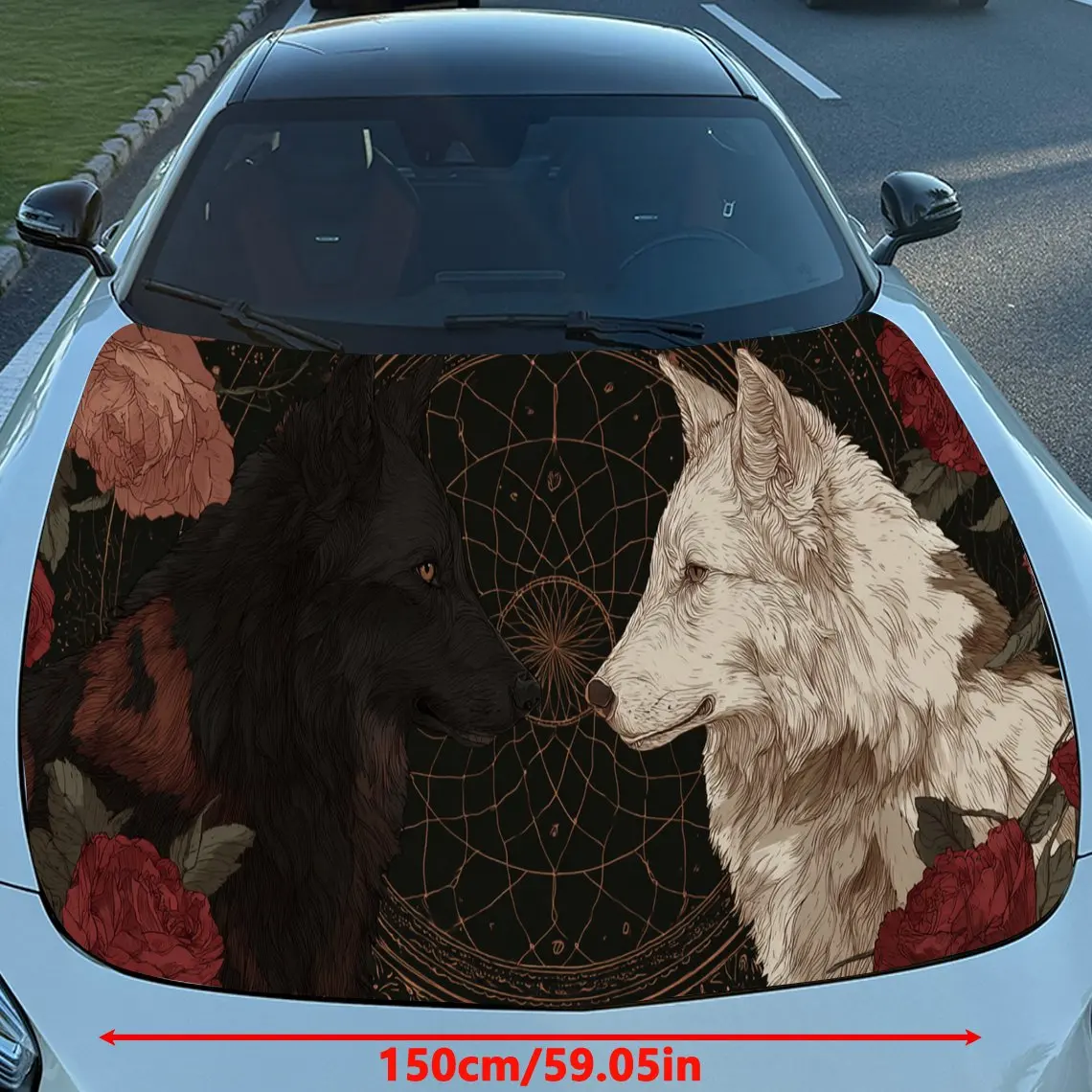 Floral Dreamcatcher Wolf Pair Auto Cover Sticker, Waterproof and Self-adhesive Auto Hood Decal, Auto Vinyl Wraps, Cool Car Exter