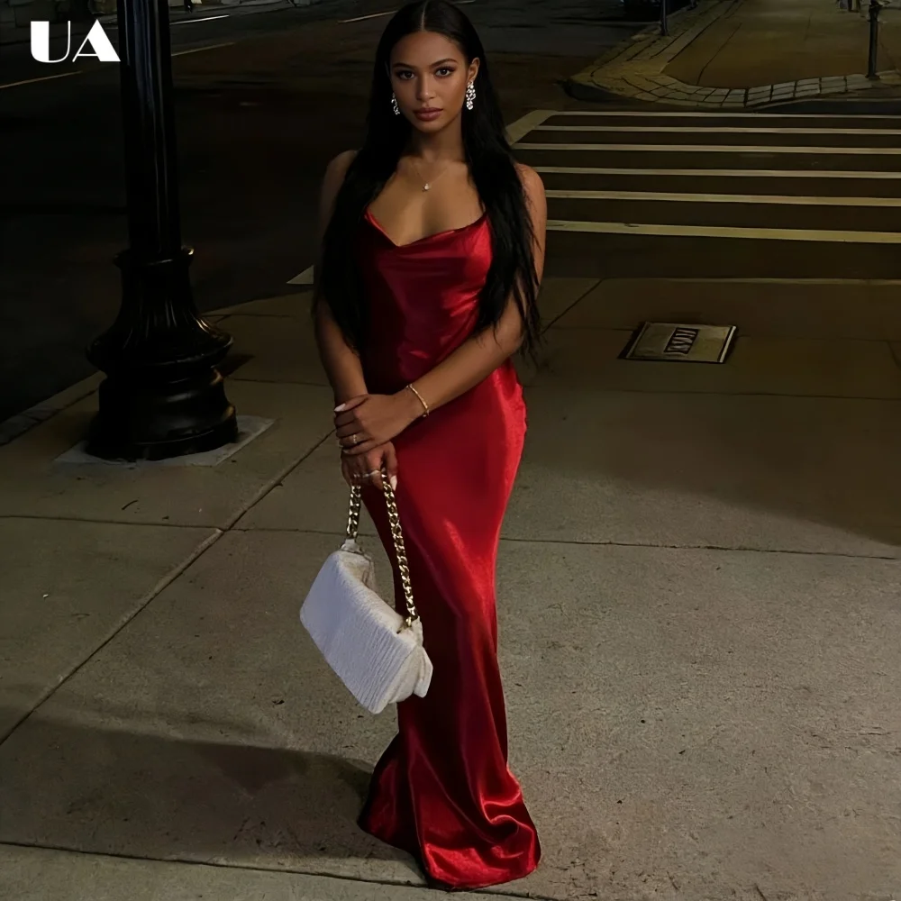 

Elegant Satin Sheath Draped Neck Maxi Prom Dress, Trendy Spaghetti Strap Long Dress for Woman, Classic Solid Lace-up Party Dress