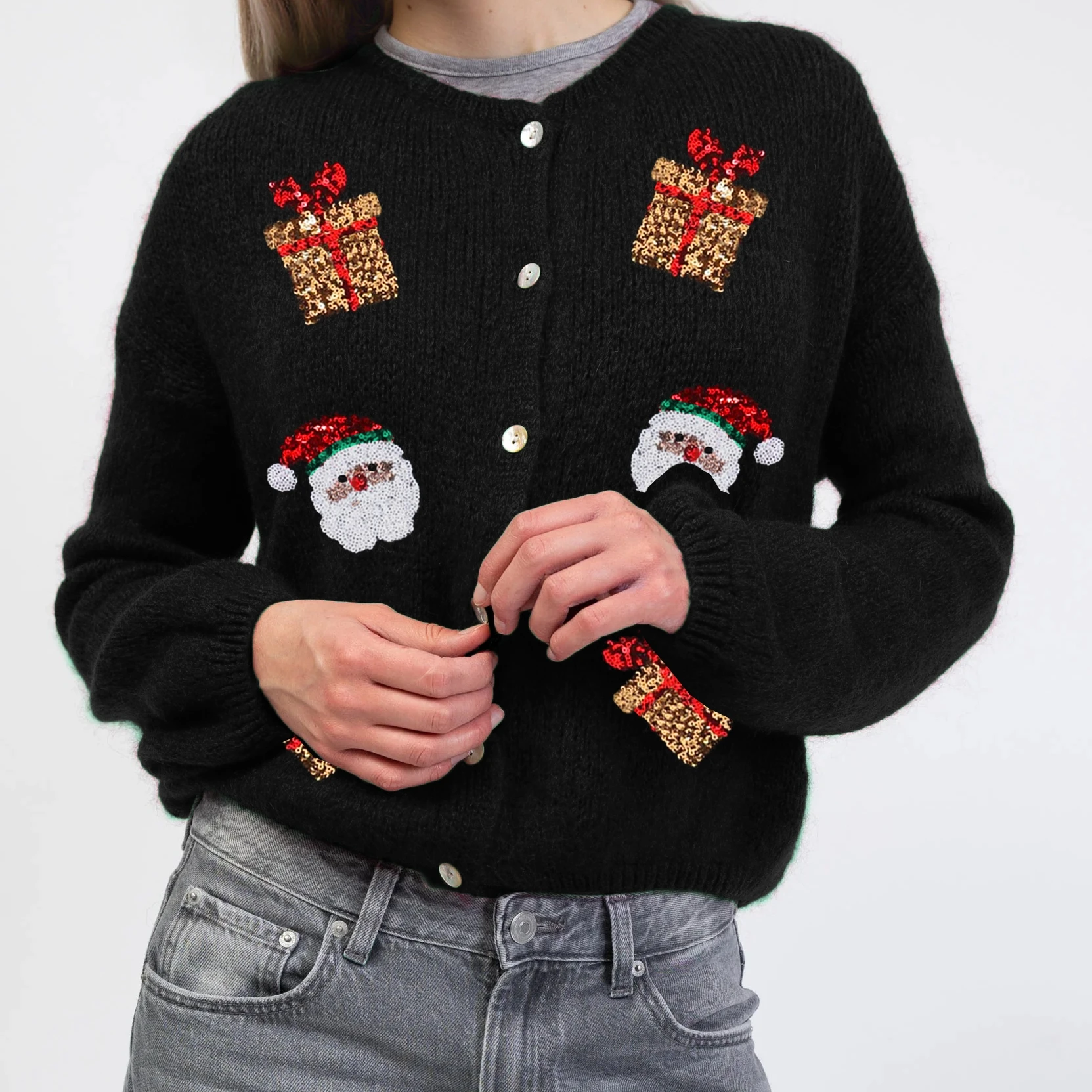 เสื้อคาร์ดิแกนคริสต์มาสสำหรับผู้หญิง แขนยาว คอวี ติดกระดุม ปักลายซานตาคลอสด้วยเลื่อม เสื้อแจ็คเก็ตถัก