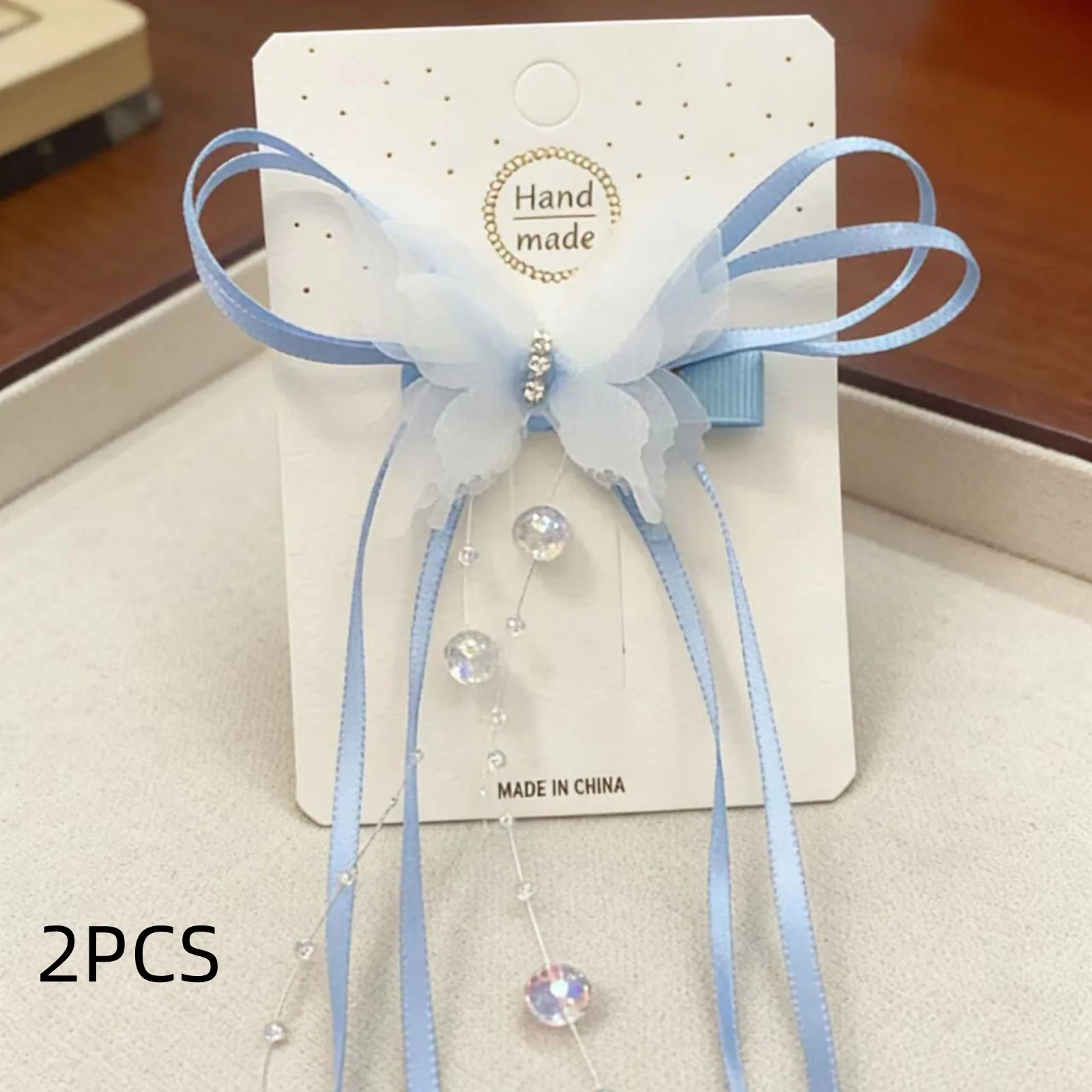 2 Stück elegante Tüll-Schmetterlings-Haarspangen mit Quastenperlen für Frauen und Mädchen, Feenhaar-Accessoires für Hochzeit, Party, Alltag – Detail 5