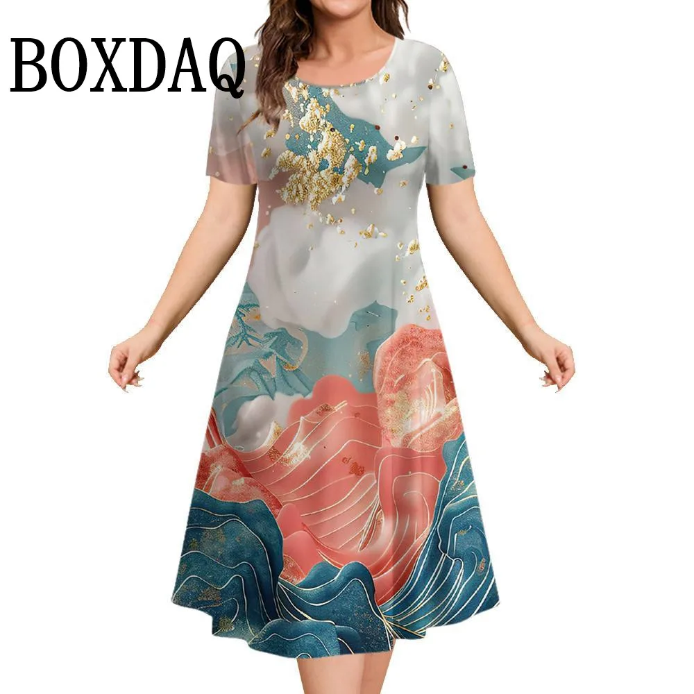 Ropa de mujer con estampado 3D de paisaje de mármol, vestidos de fiesta elegantes de manga corta de verano, vestido informal holgado con pintura acampanada y cuello redondo