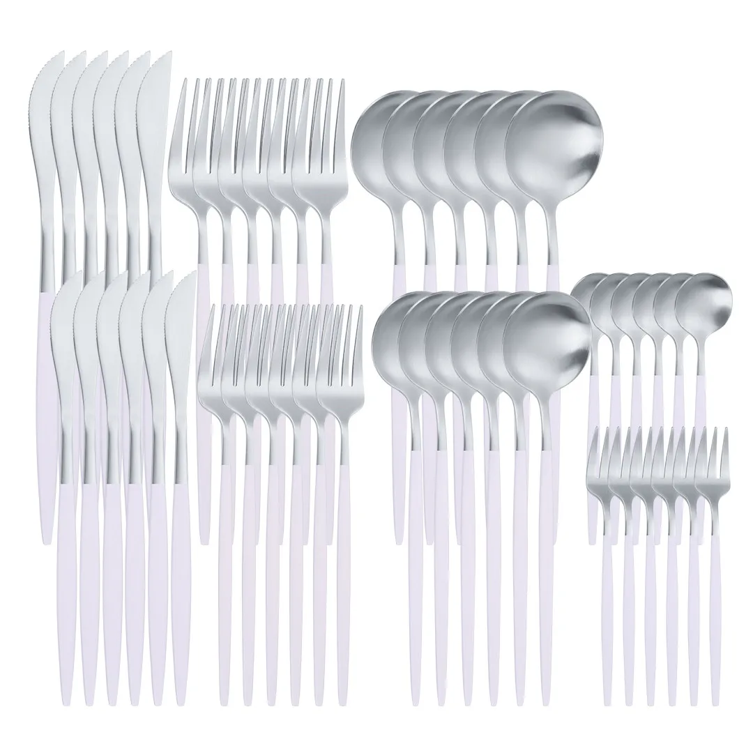 48Pcs Matte Cutlery Set Stainless Steel Dinnerware Set White Silver Knife Fork Tea Spoon Kitchen Silverware Party Tableware Set