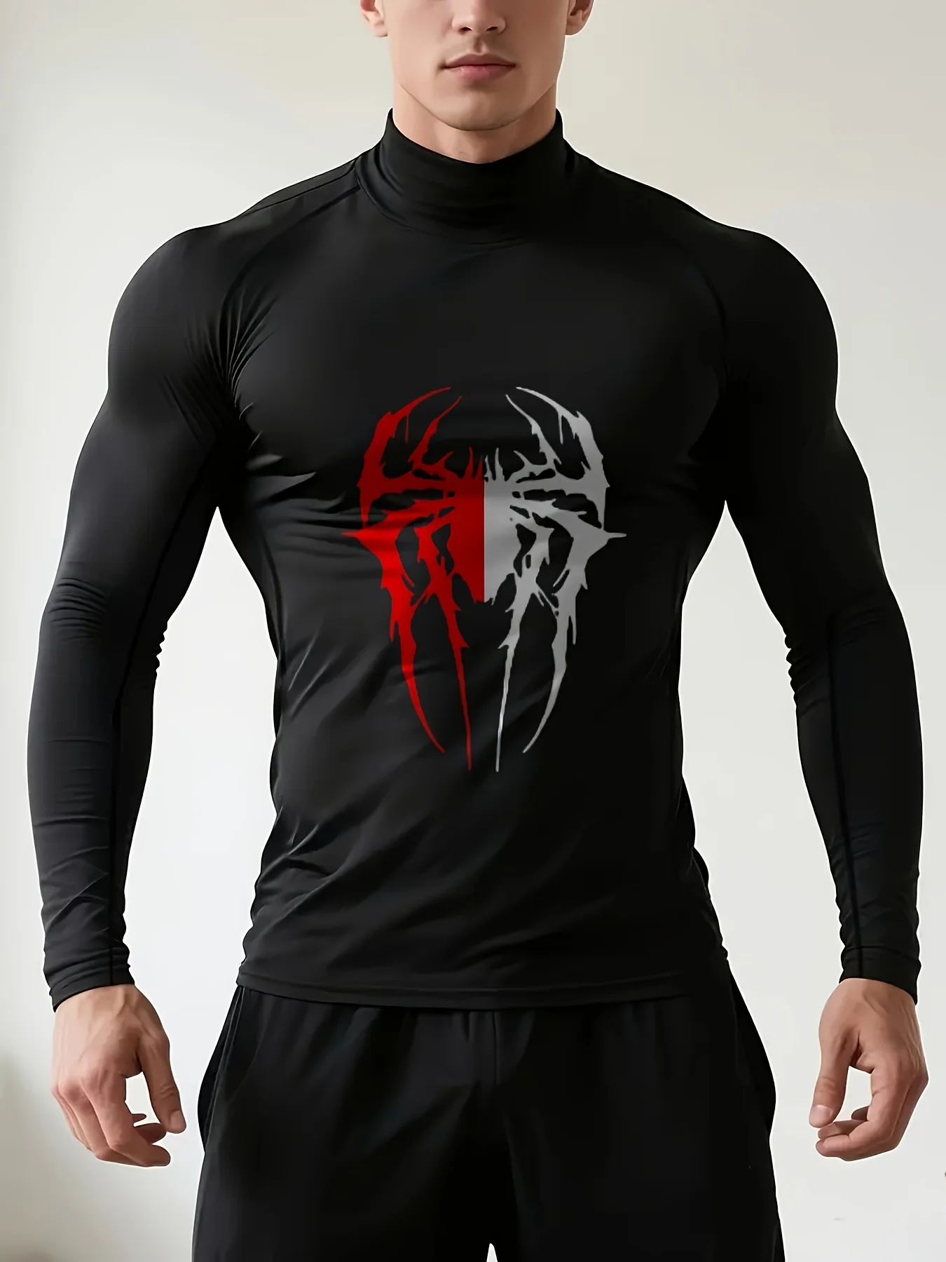 

Men's Spider Print Quick-drying Tight Long-sleeved T-shirt Fitness Training Stretch Top Spring and Autumn High-neck T-shirt Tees