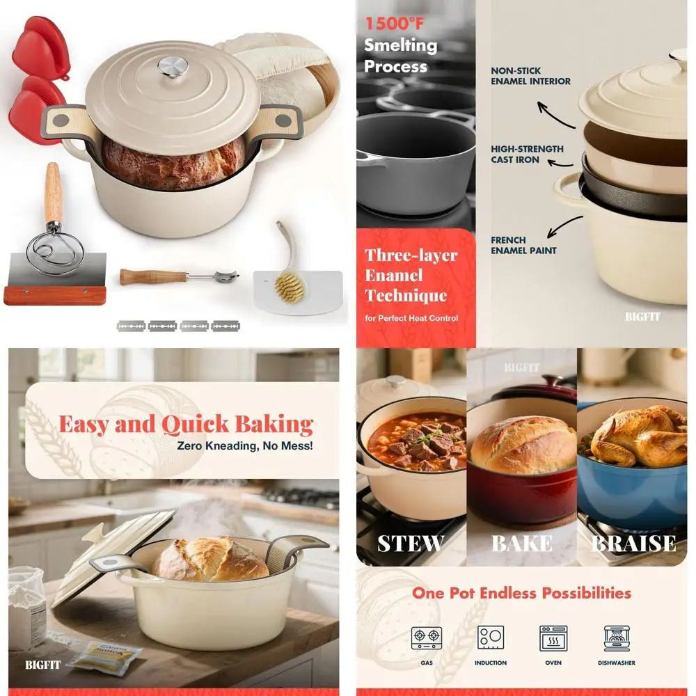 

Cast Iron Dutch Oven for Bread Baking, With Banneton Bread Proofing Basket & Sourdough Baking Supplies, 5QT Multi-Functional Ena