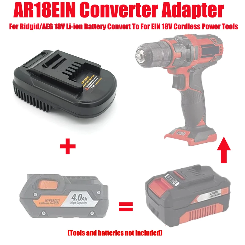 

Адаптер-конвертер AR18EIN для литиевых аккумуляторов Ridgid/AEG 18В, преобразующий их в литиевые аккумуляторы EIN 18В для электроинструментов.