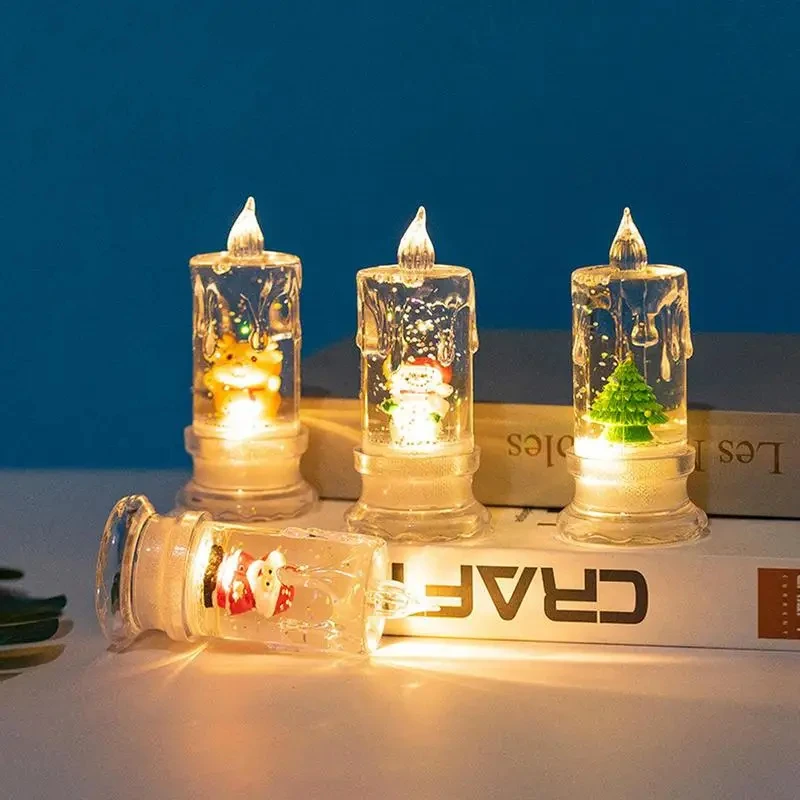 Christmas Water Injection Transparent LED Electronic Candle Snowman Santa Claus Snowflake Night Light Home Decorations Gifts