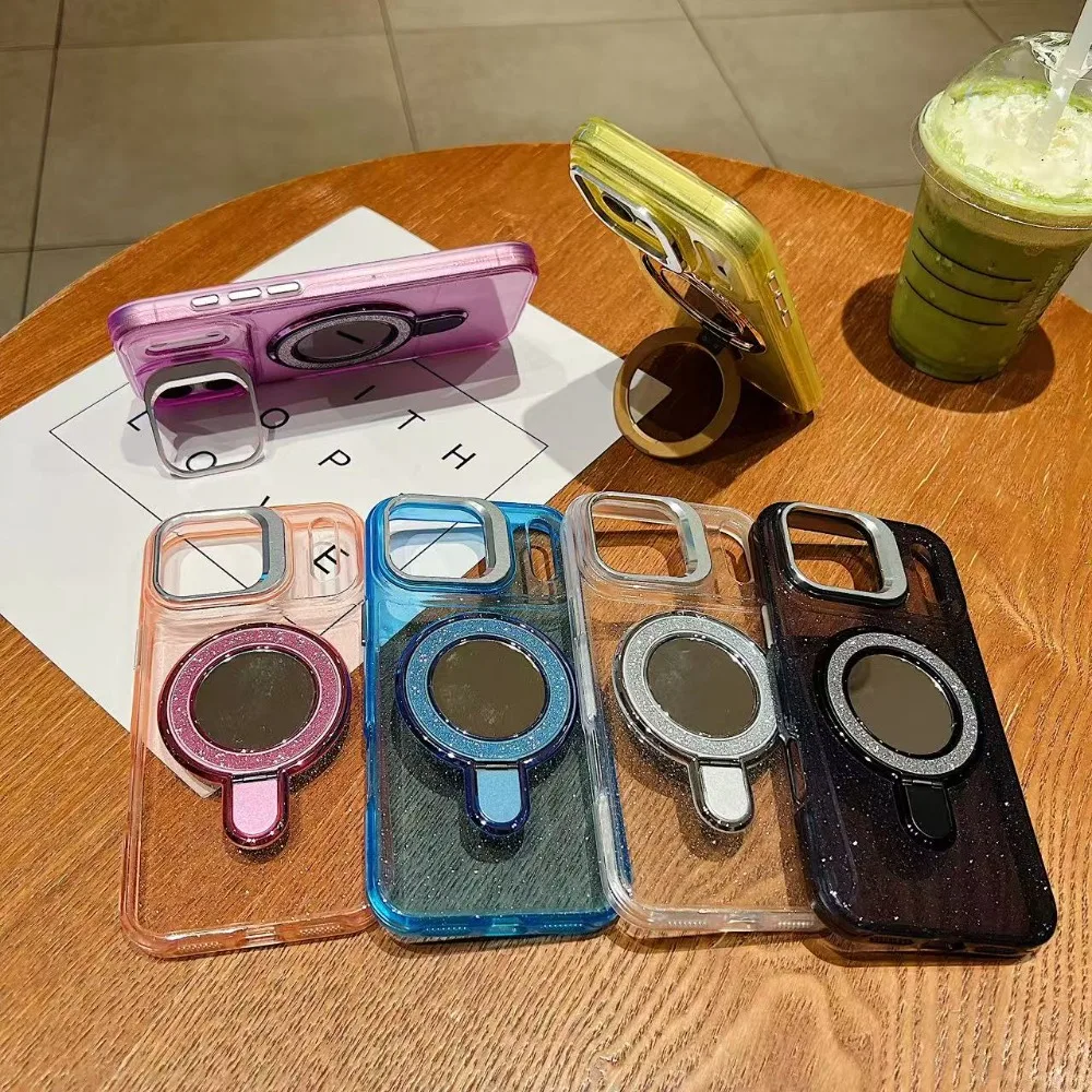 حافظة هاتف Magsafe مغناطيسية جديدة فاخرة "لامعة شفافة مع حامل لهاتف IPhone11 12 13 14 15 16 17 Pro Max