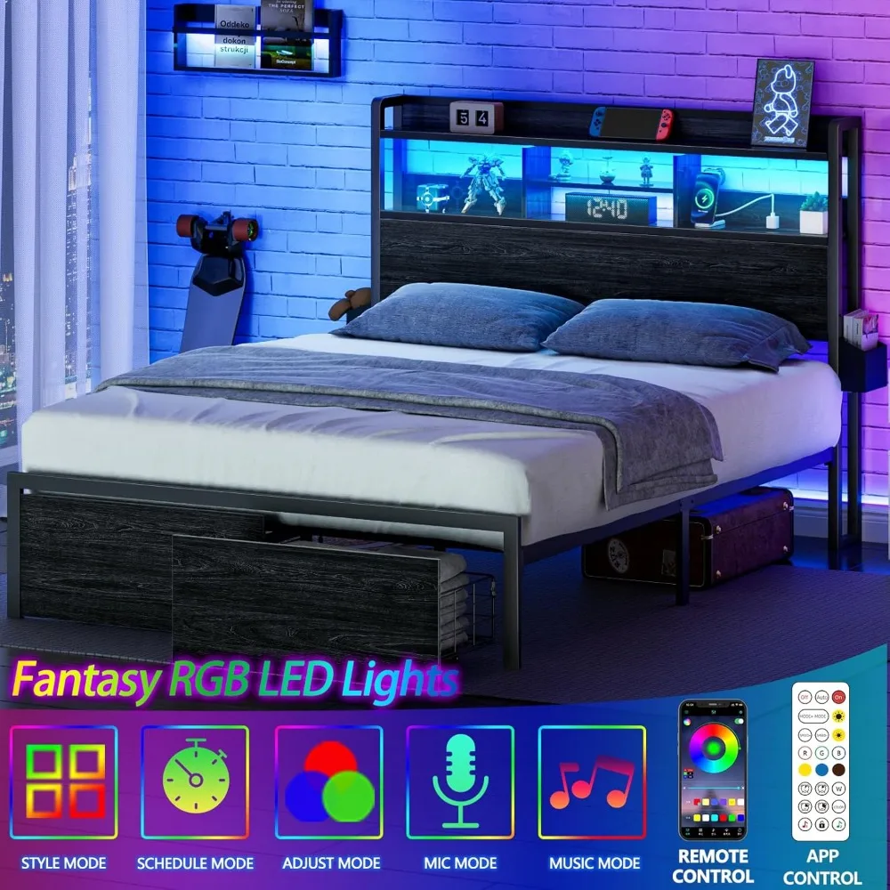 Queen Bed Frame with Wood Headboard and Storage Shelf, Metal Bed Frame with Storage Drawers, LED Lights and Charging Station