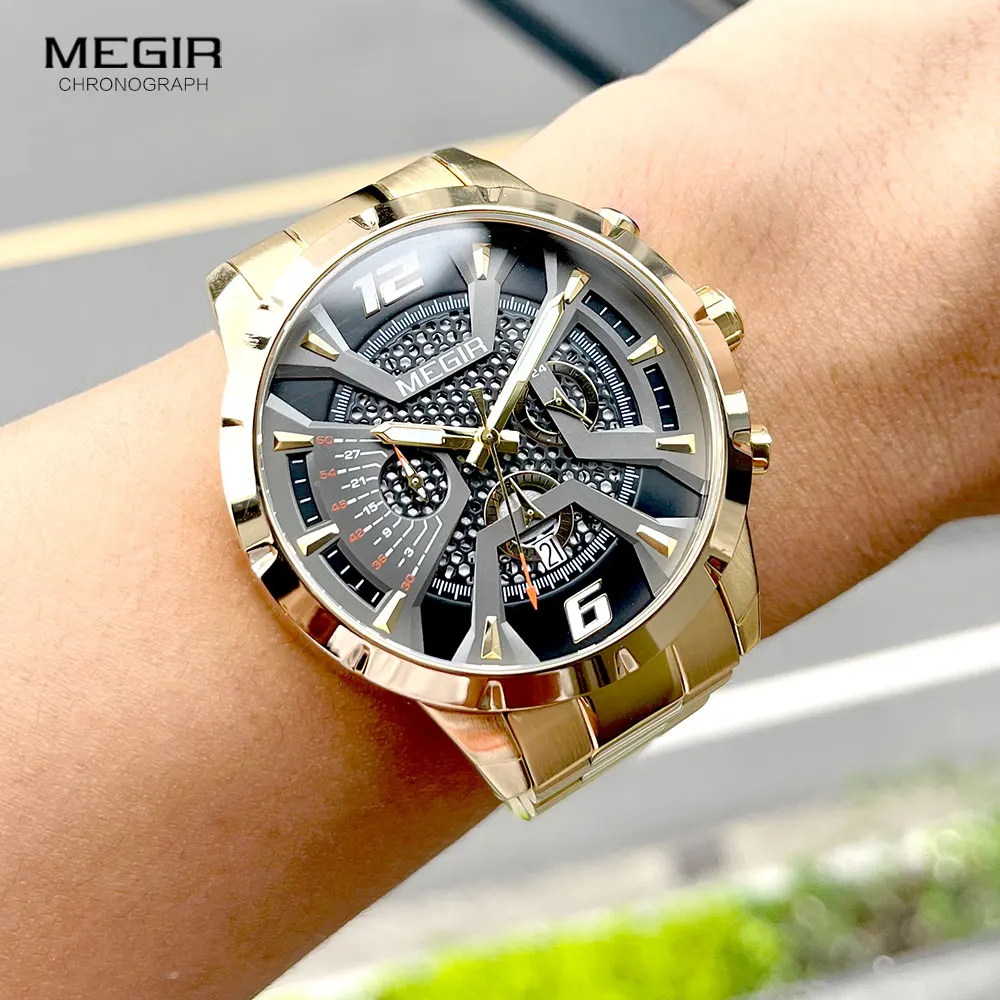 MEGIR Gold Quartz Watch Men Stainless Steel Strap Chronograph Luminous Wristwatch with Auto Date 24-hour 3atm Waterproof