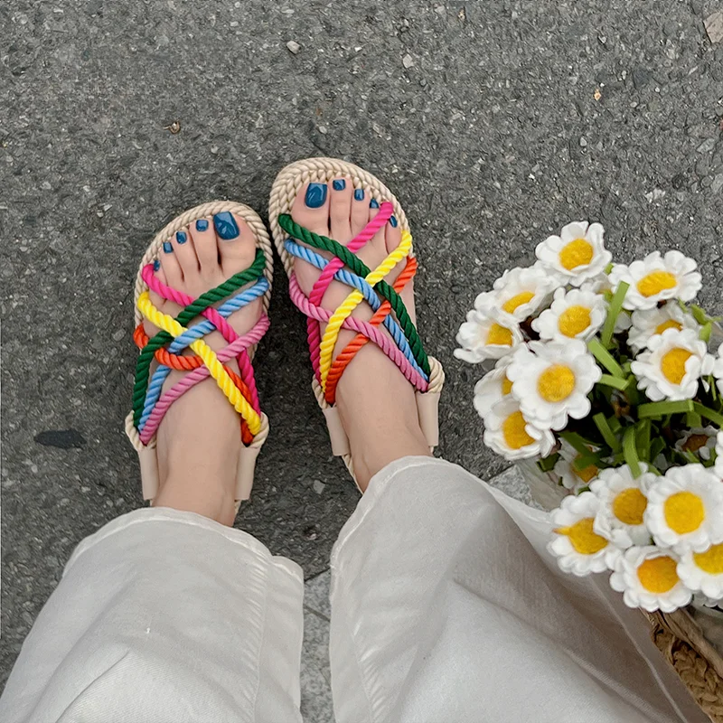 Rainbow Color Rope Sandals Woman Retro Weaved Fishman Sandalias Ladies Sea Blue Beach Slippers Handmade Bohemian Straw Shoes