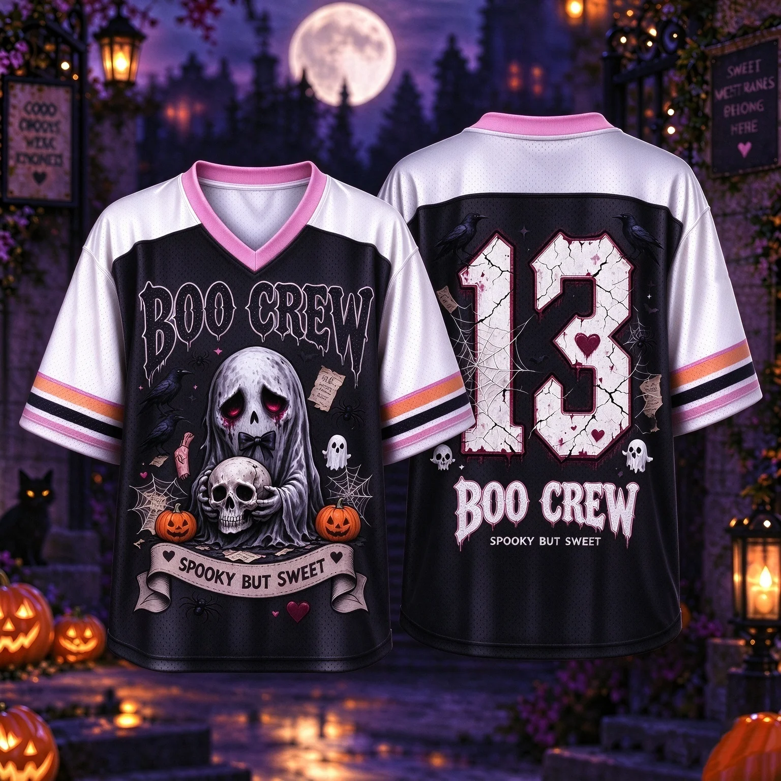Halloween BOO CREW Ghost Skull 13 Number Print V Neck Mesh Jersey, Adult Kids Spooky But Sweet Loose Short Sleeve Football Tees