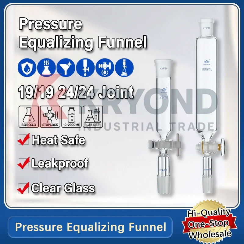 Pressure Equalizing Dropping Funnel Borosilicate 3.3 Glass PTFE or Glass Stopcock Laboratory Reaction 10-100mL 19/19 24/24 Joint