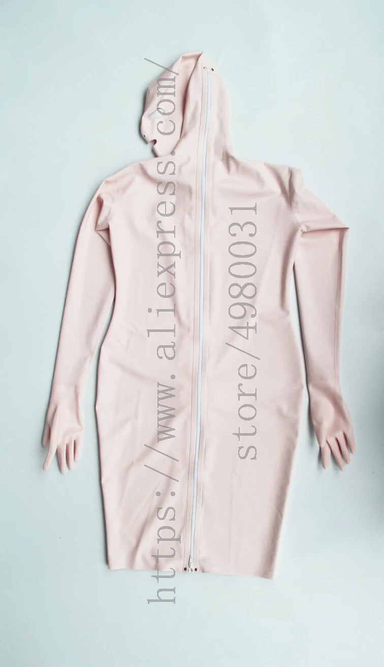

Baby pink latex dress with hole women's latex dress with latex hoods and gloves attached back zip