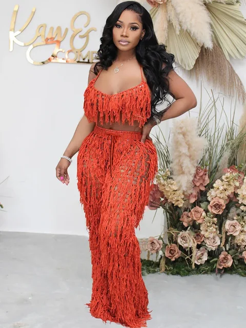 Sexy Crochet Tassel Two Piece Sets for Women Beach Wear Fishnet Halter Lace Up Crop Top and Pants Holiday Rave Festival Outfit