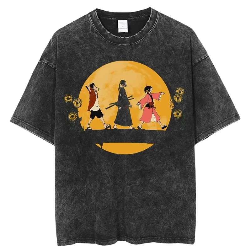 

Anime Graphic Print Samurai Champloo Vintage Washed T-Shirts Mens Womens Harajuku Oversize Short-Sleeved Streetwear Tops Tees