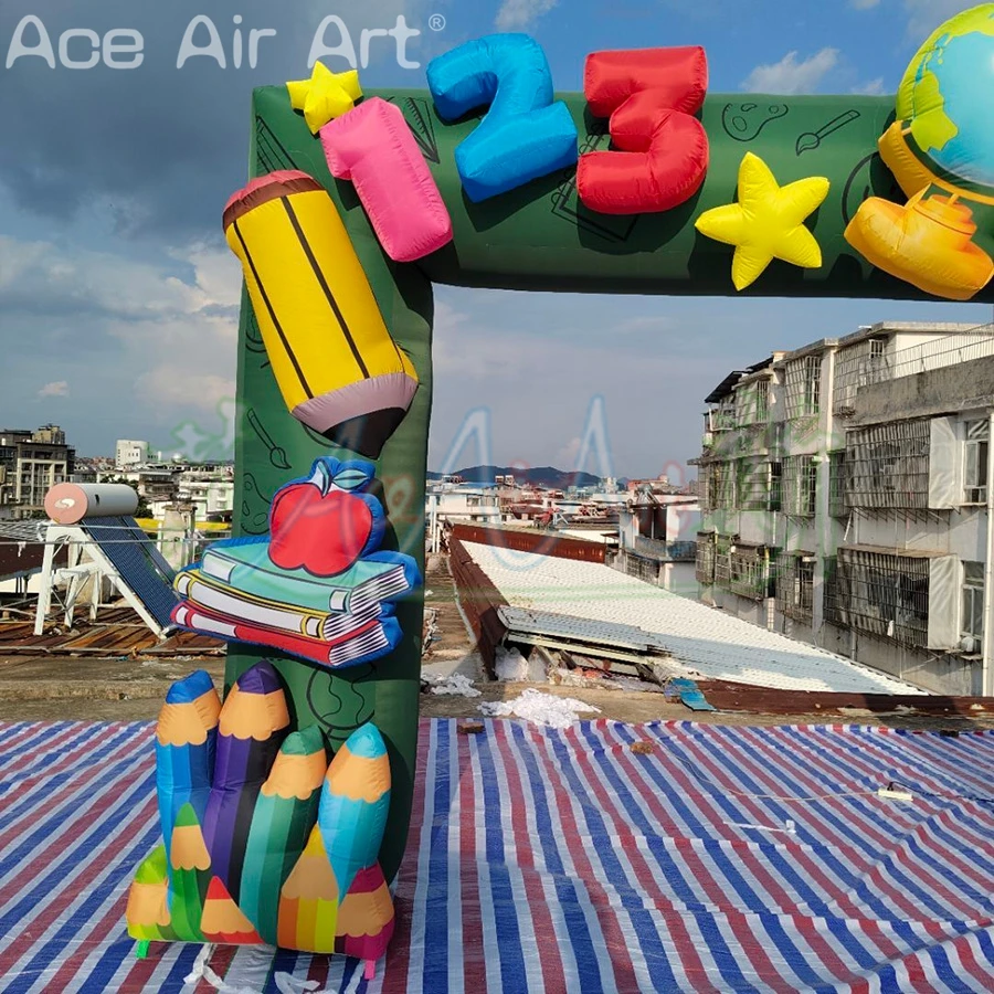 Arco de lápis verde inflável impresso personalizado, decoração de portão de loja de papelaria, portão de sinal 3d com elemento de aprendizagem
