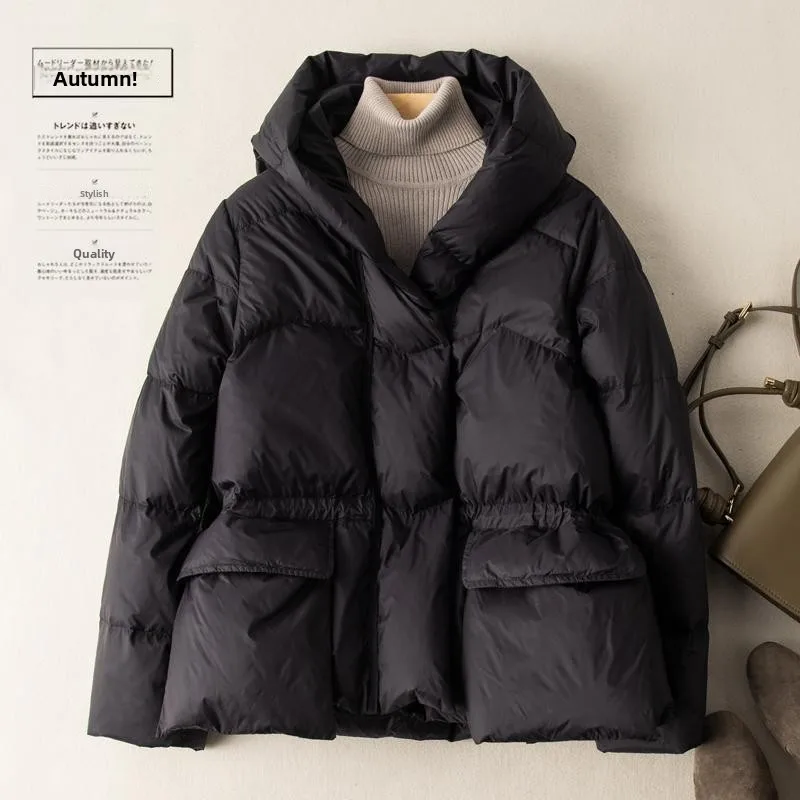 Retro Artistic White Duck down Puffer Jacket Women's Coat with Big Pockets Warmth Retaining Hooded Short Style Commute Fashion