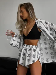 Marthaqiqi-pijama holgado de manga larga con cordones para mujer, ropa de dormir Sexy con estampado informal, pantalones cortos, 2023