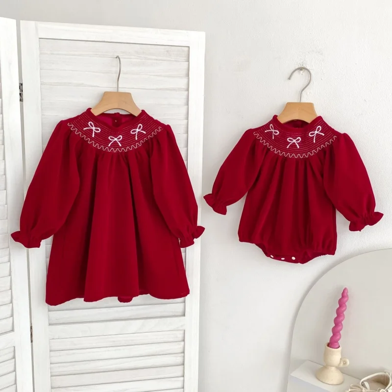 

Girls New Year Sister Matching Outfits Romper 0-6Y Kids Bow Detail Puff Sleeve Red Dress Festive Party Christmas Baby Clothes