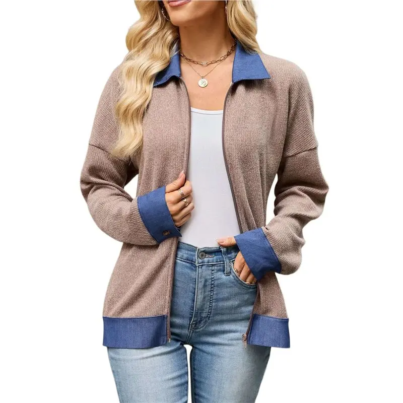 Women's Denim Contrast Collar Zip Up Loose Long Sleeve Knit Jacket Cardigan Brown S Eco-Friendly