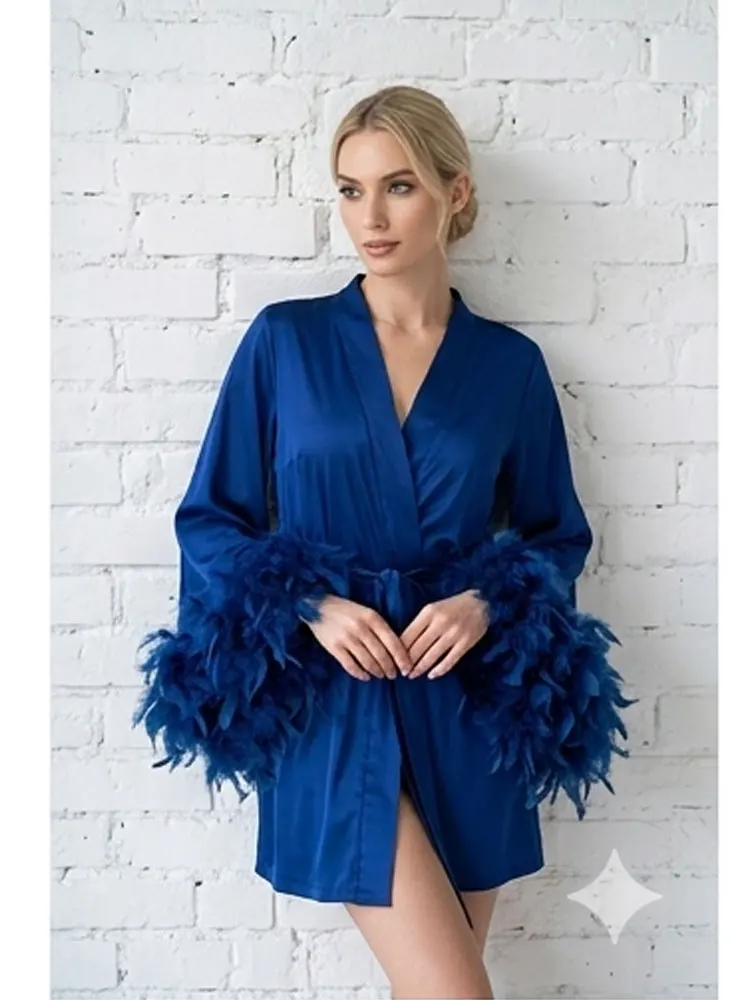 

Feather Robes Royal Blue Short Bath-robe Bridal Boudoir Lingerie Wedding Dressing Gown Bridesmaid Gift Kimono Women's Loungewear