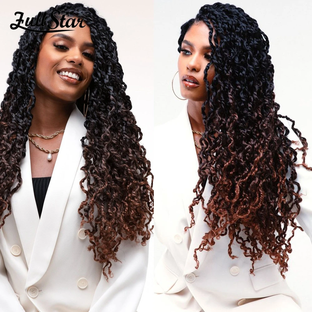 Full Star 14“ Ombre Black Brown Box Braids Crochet Braids Curly Ends Bug Colors Goddess Box Braids 3S Crochet Hair 12 Strands