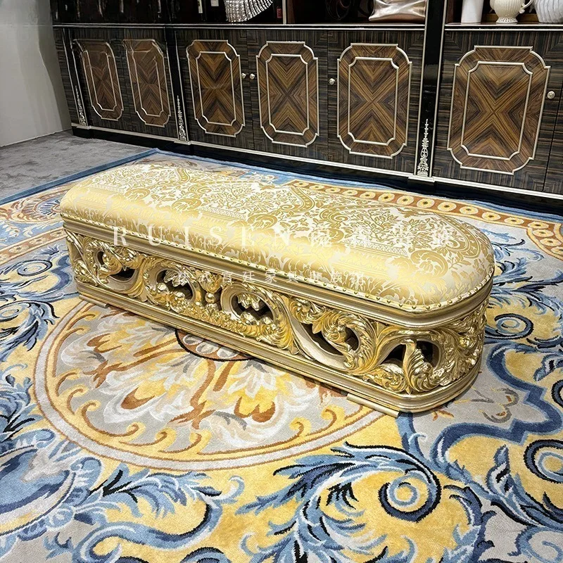 

Французский табурет в европейском стиле с резным декором, вышитой тканью и узором, кресло-шезлонг для спальни, табурет цвета шампань.