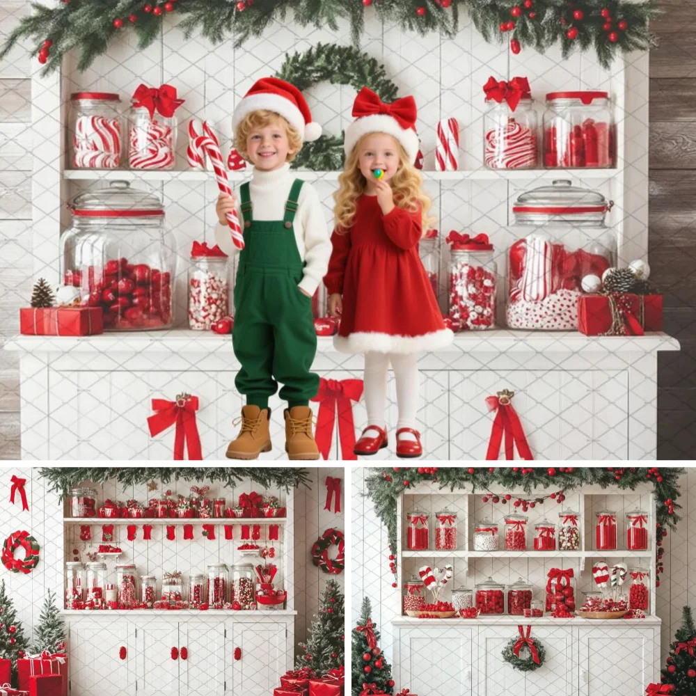 

Red Xmas Kitchen Photography Background Candy Cane White Wooden Cabinets Christmas Wreath Backdrop Winter Kid Photozone Props