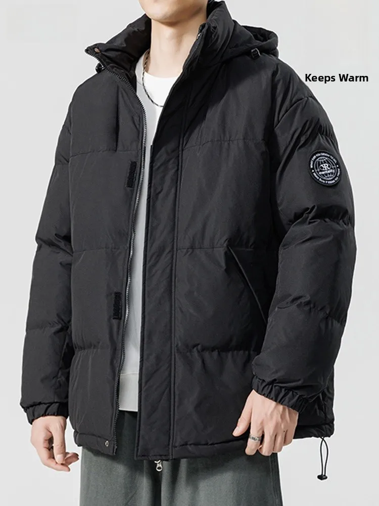 

Men's Hooded Thiened Winter Jaet Pure Color Casual Loose Fit Waterproof Polyester Zipper Closure Long Sve Coat