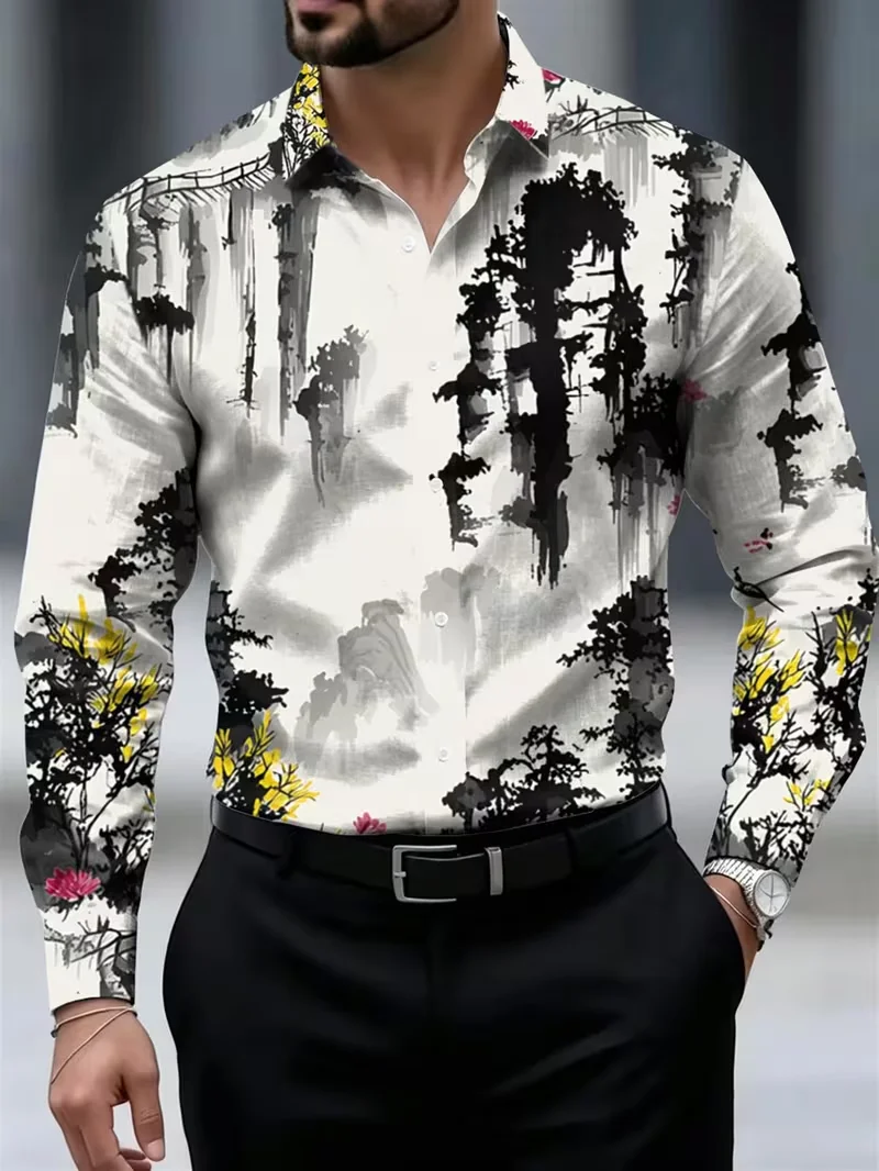New men's retro paisley long sleeved shirt with purple, blue, and blue cashew flower print collar shirt