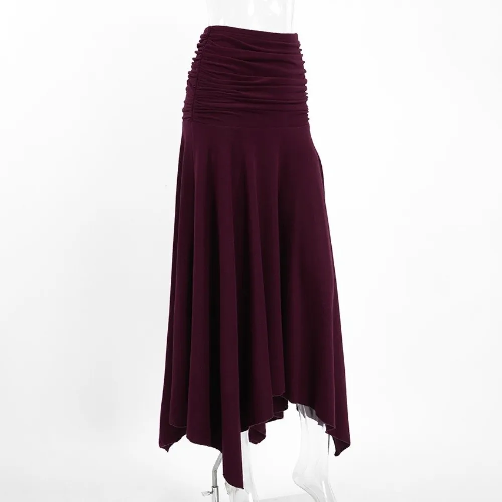 Waist Ruched Knit Maxi Skirt Soft Knit Irregular Hem High Waist Skirt Loose Fit Flowy Silhouette Long Skirt Street Look