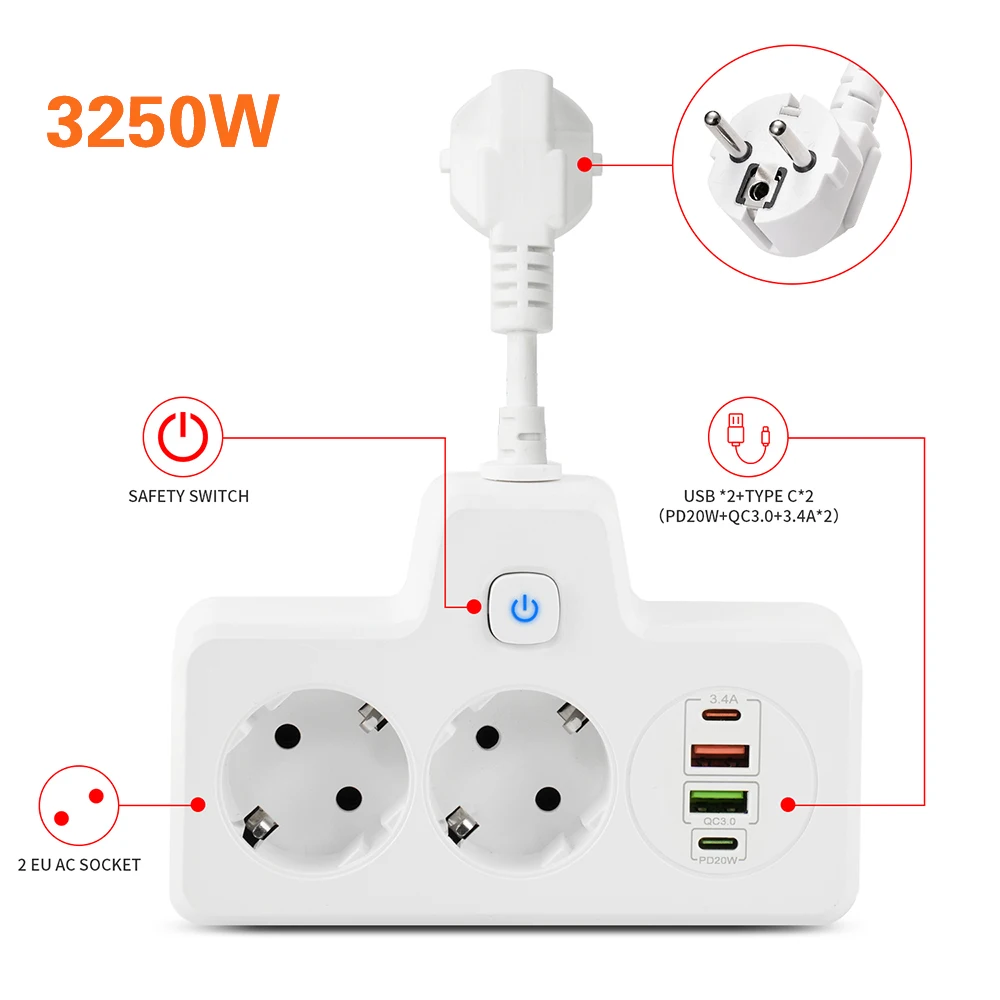 Power Strip Adapter for Europlug Wall Charger Electrical Socket WIth USB Outlets 2AC Wall Socket Extension Cord With Switches