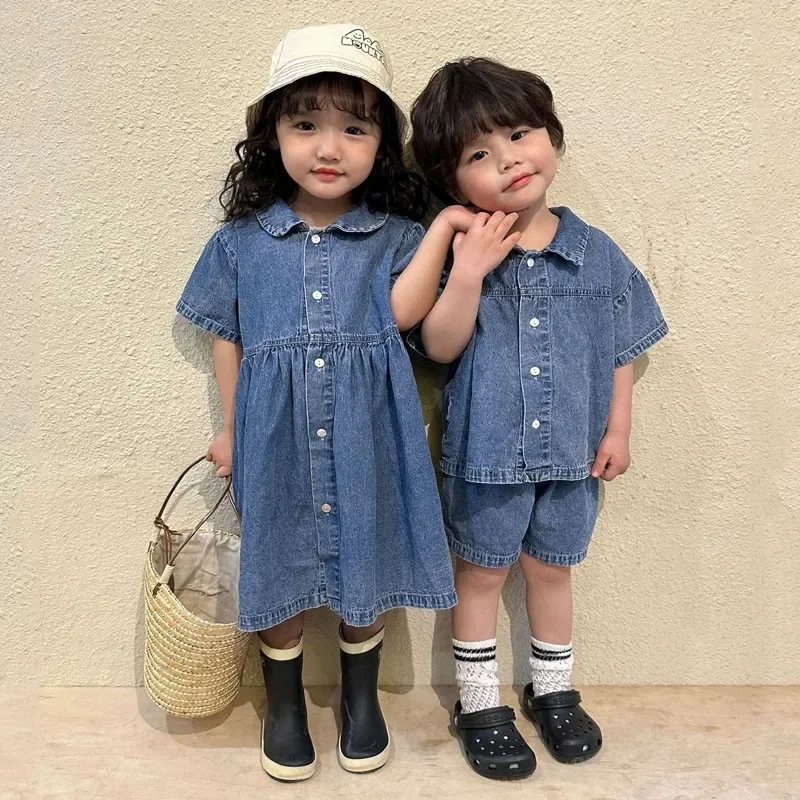 Summer denim set turn-down collar T-shirt simple shorts jeans girls dresses sibling outfits casual dresses for children Girls