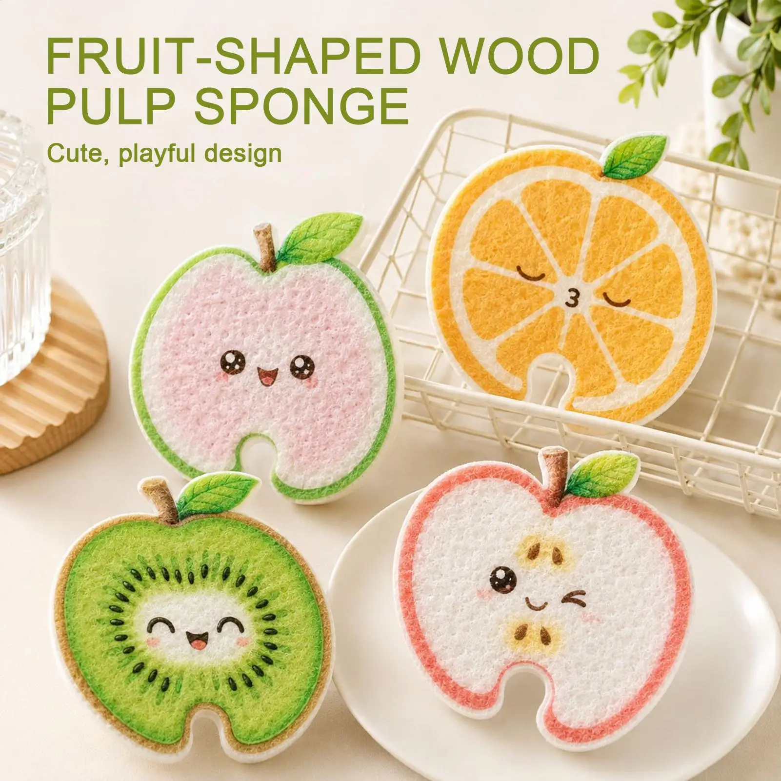 4Pcs Absorbent Non Stick Oil Kitchen Dishwashing Sponge Quick Dry Dual-Sided Cute Fruit Dish Scrubber Compressed Cellulose