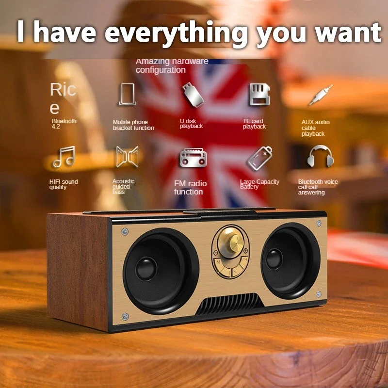 KM-7 Retro Wooden Bluetooth Speaker Dual Audio Subwoofer Support Multiple Link Methods Wireless Speaker with Mobile Phone Holder