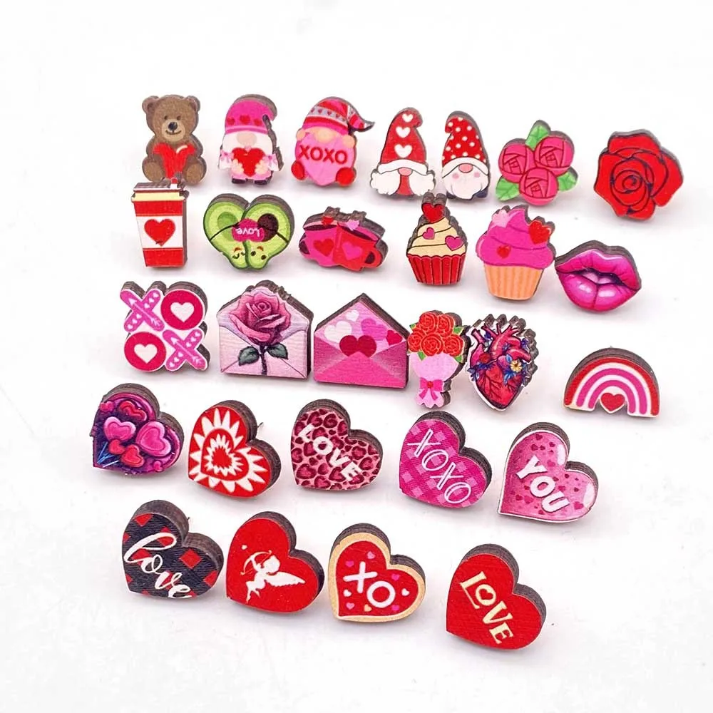 Valentines Day Holiday Pink Red Love Heart XOXO Wood Stud Earrings Women Jewelry Gifts