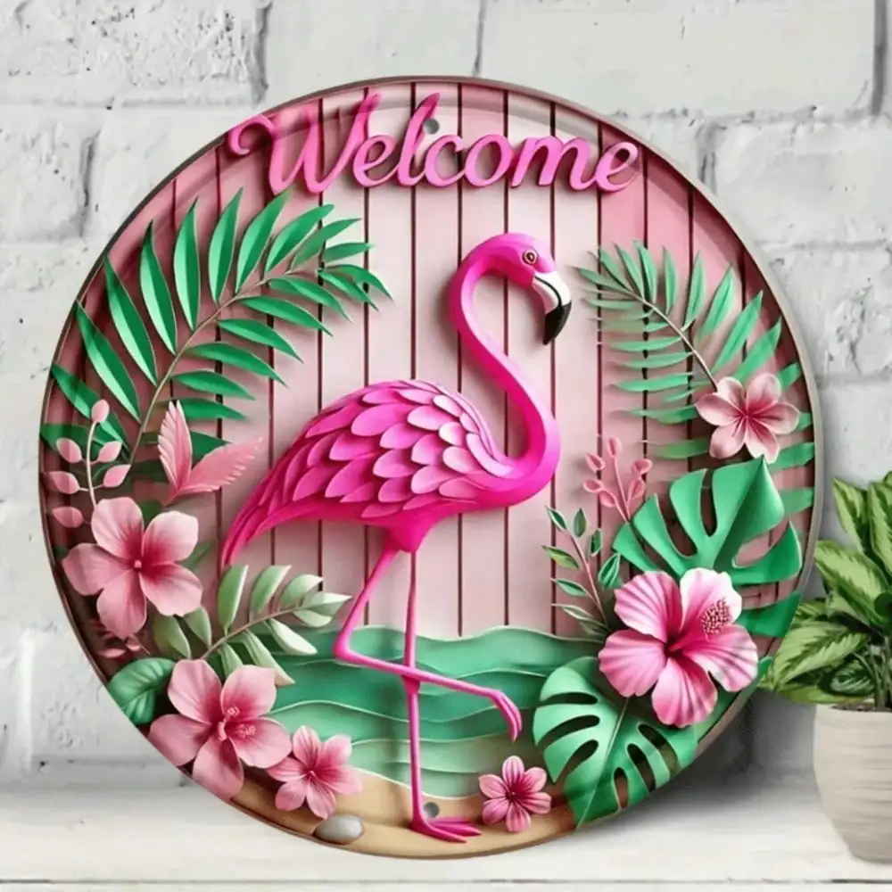 Flamingo Welcome Sign Wall Art 8x8 Inch Outdoor Indoor Home Decor for Entryway Garden