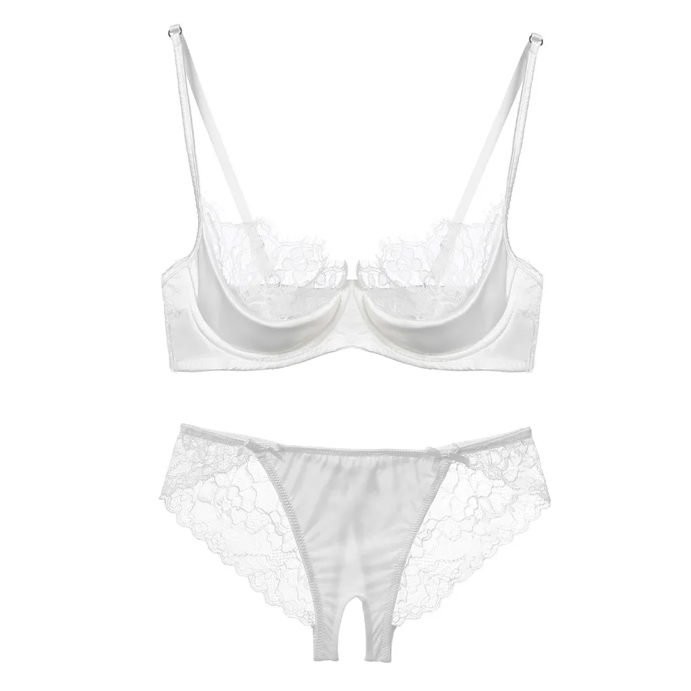 BANERDANNI Half Cup Lingerie Set Women Green French Lace Ultra Thin Sheer Soft Comfortable Underwire Bra Small Bust 32‑38AB Set