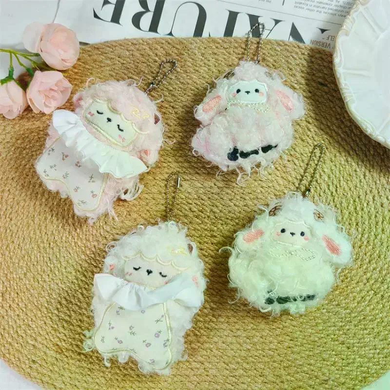 Cute Fluffy Sleeping Sheep Plush Pendant With Ruffle Collar Floral Print For Bag Decor Girl Gifts