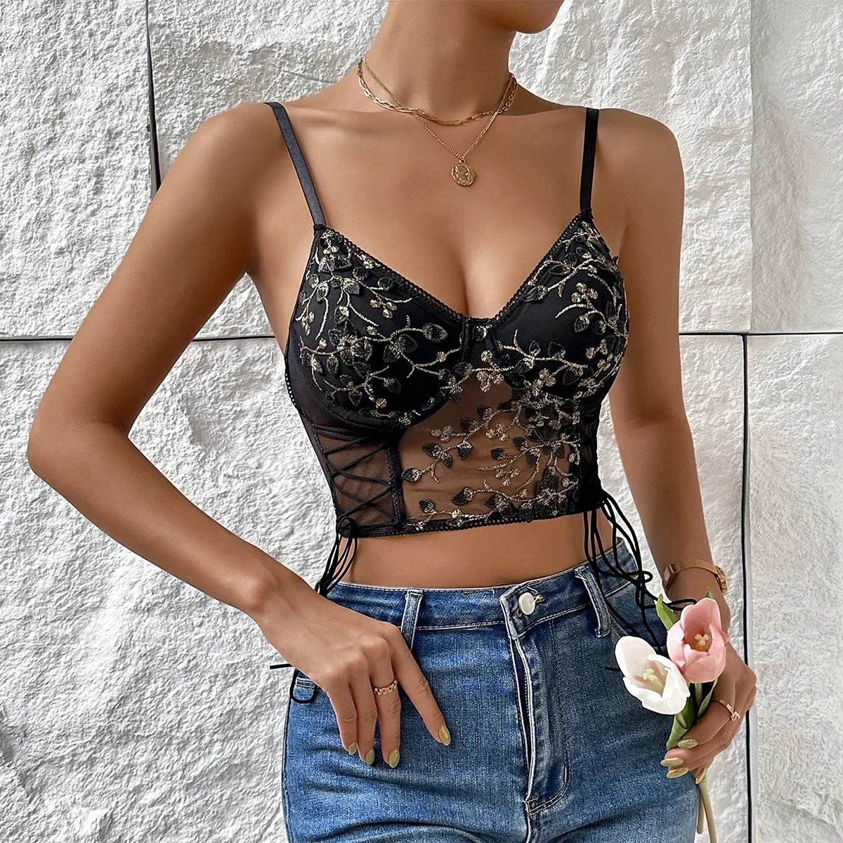 Lace-up Crop Camisole Tops Corset Top Floral Embroidered Perspective Lace Underwire Y2k Women Exquisite Tank Top Corset Mujer