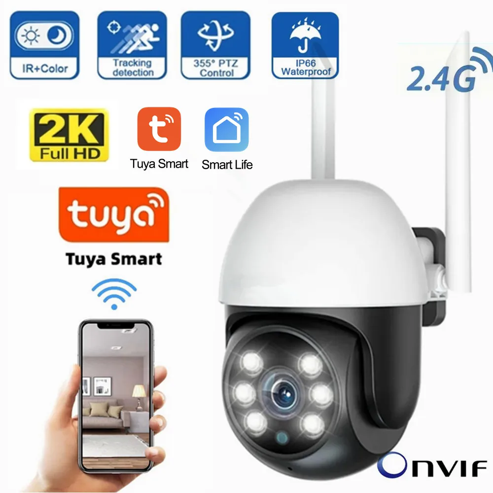 무선 와이파이 IP 카메라, 투야 스마트 야외 홈 보안, 4X 디지털 줌 돔 카메라, IP65 방수 카메라, 2MP, 3MP, PTZ, 2.4G