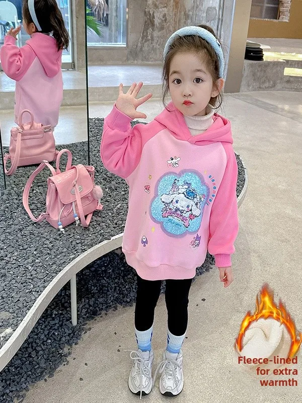 

Girls Fce Lined Hoodie 25 Winter Sle Inteated Velvet Plu Reversible Glitter Top Cartoon Animation Design Long Sve