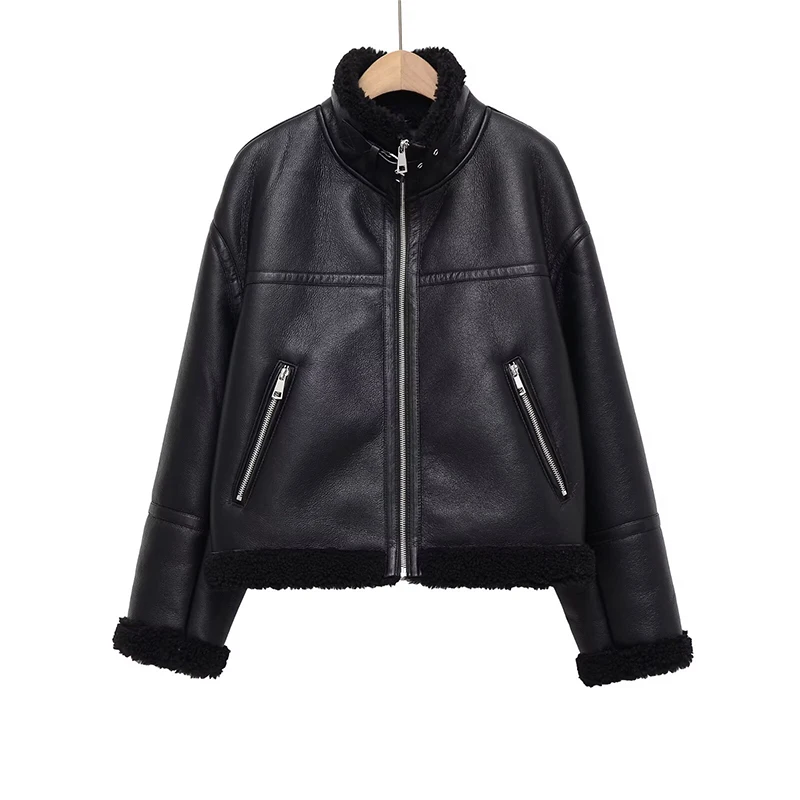 

YENKYE European And American Style Women Fashionable And Versatile Faux Leather Jacket Long Sleeve High Neck Winter Warm Coat