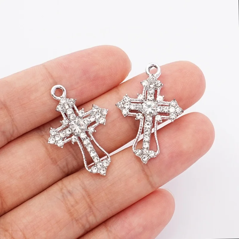 5Pcs Gothic Silver Hollow Transparent Water Diamond Inlaid Cross Pendant Baroque DIY Jewelry Making Accessories