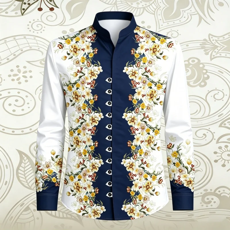 Men's Shirt With Retro Floral Print Stand Up Collar  Contrasting Color Splicing Long Sleeved Casual Trend men's Shirt XS-6XL