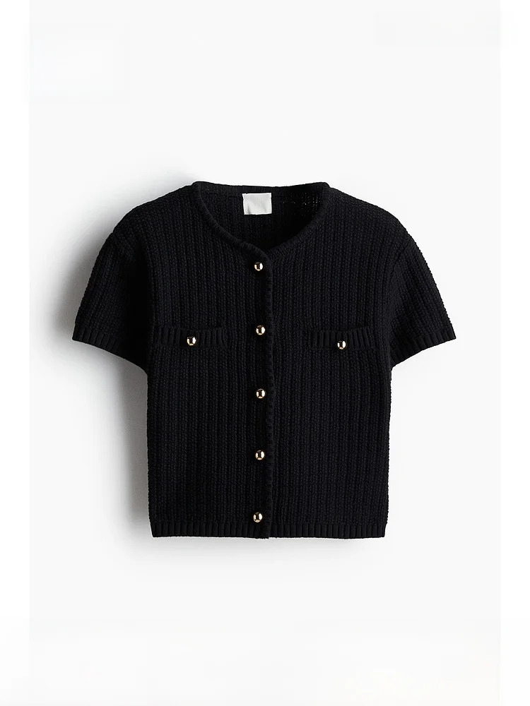 

H&M Women's Knitted round Ne Casual Sle Single Button Ele Simple Miu Series Open Cardigan Cotton Acrylic Fiber Blended