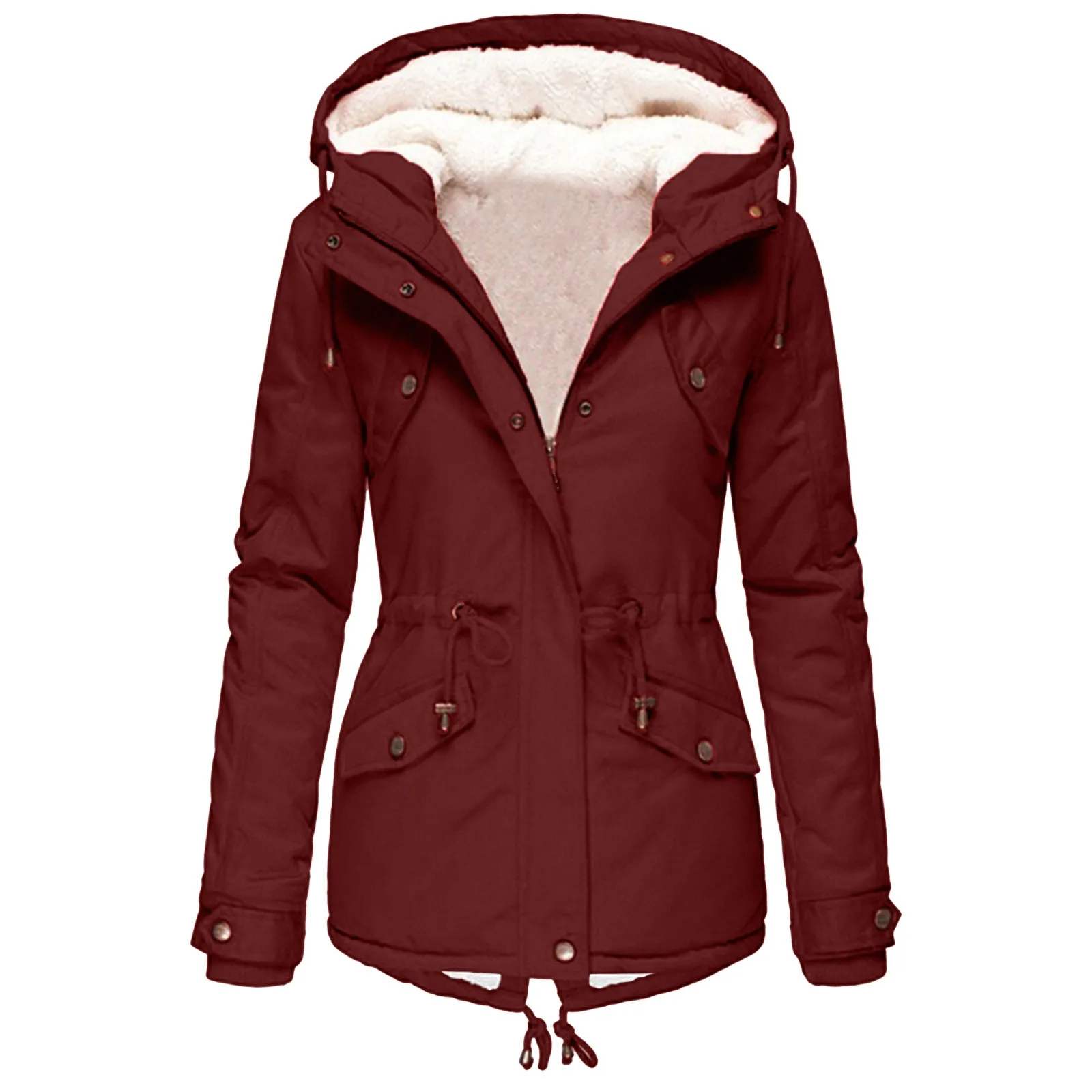 

Women's Winter Thickened Warm Fleece-Lined Cotton Jacket Mid-Length Slimming Hood Waist with Plush Pockets