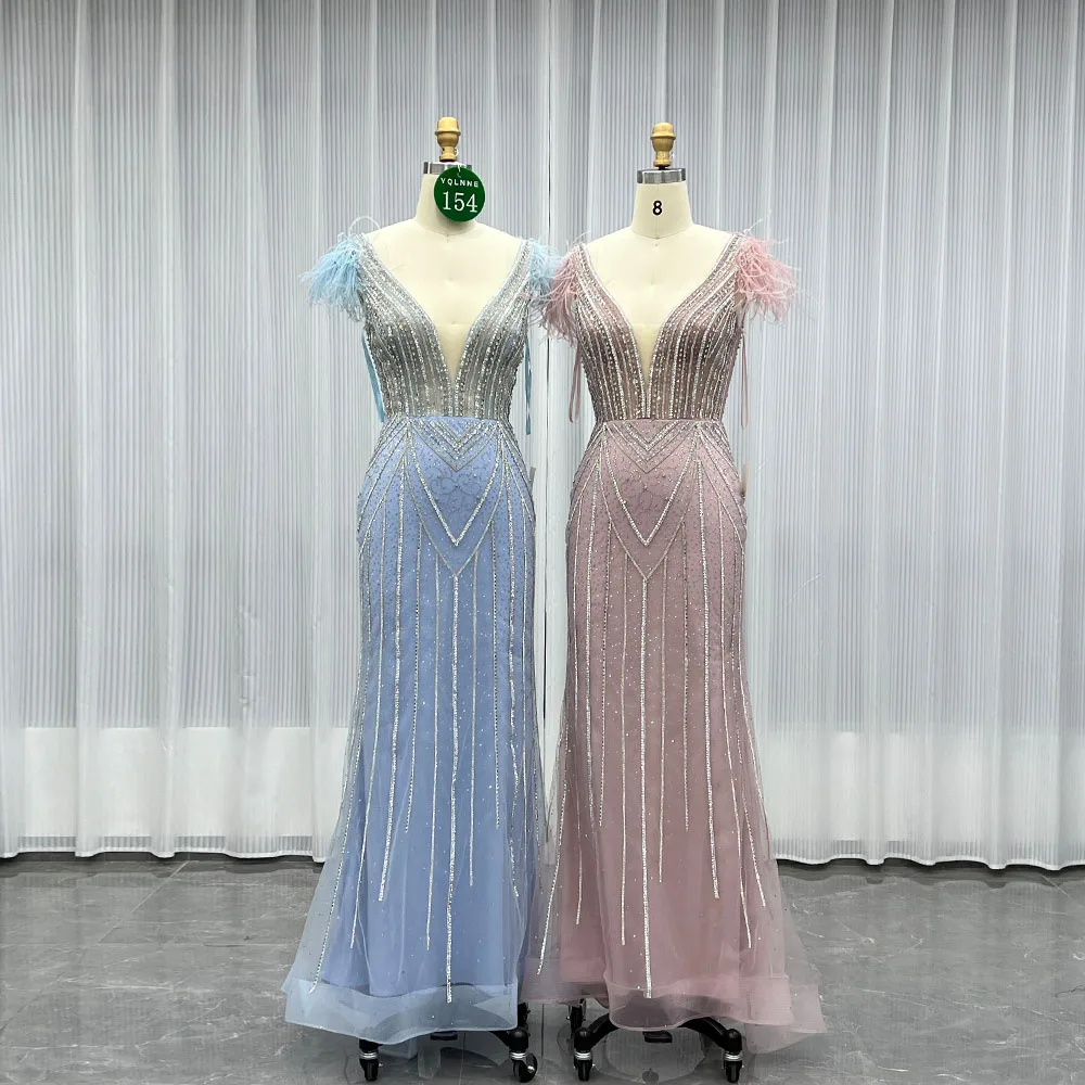 

YQLNNE 0154 Pink Crystals Long Prom Dress Mermaid V Neck Feathers Evening Party Gown