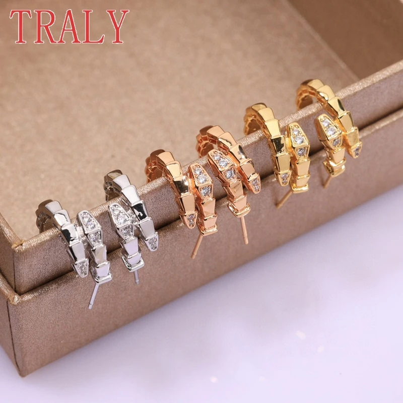 925 Sterling Silver Couple Studing Earrings Inlaid Diamond Snake Bone for Women White\Rose Gold Color Luxury Jewelry Party Gift